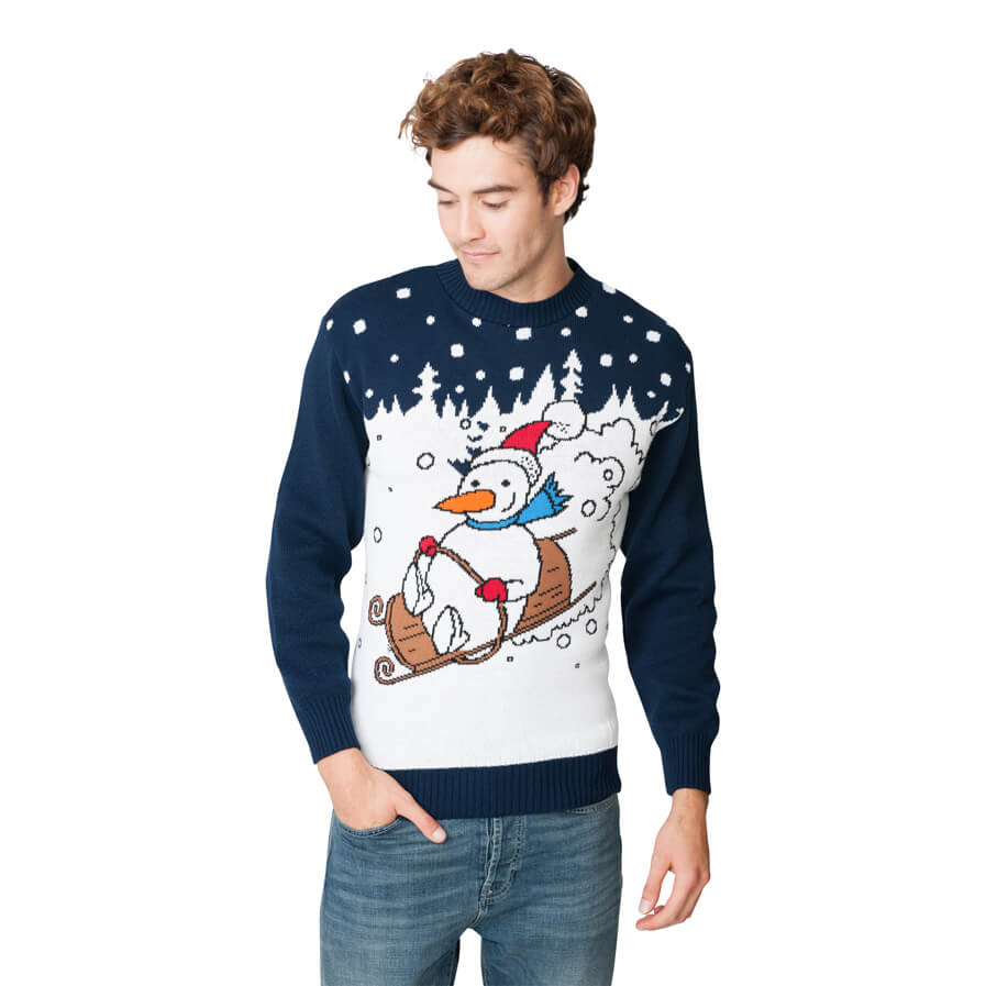 Mens Ugly Christmas Sweater with Snowman on Sledge