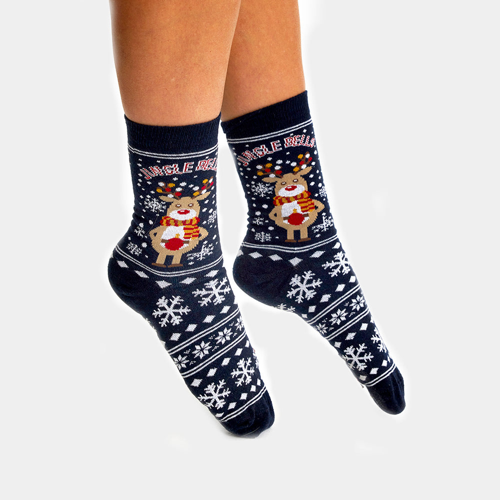 Unisex Ugly Christmas Socks with Rudolph and Snow women and men