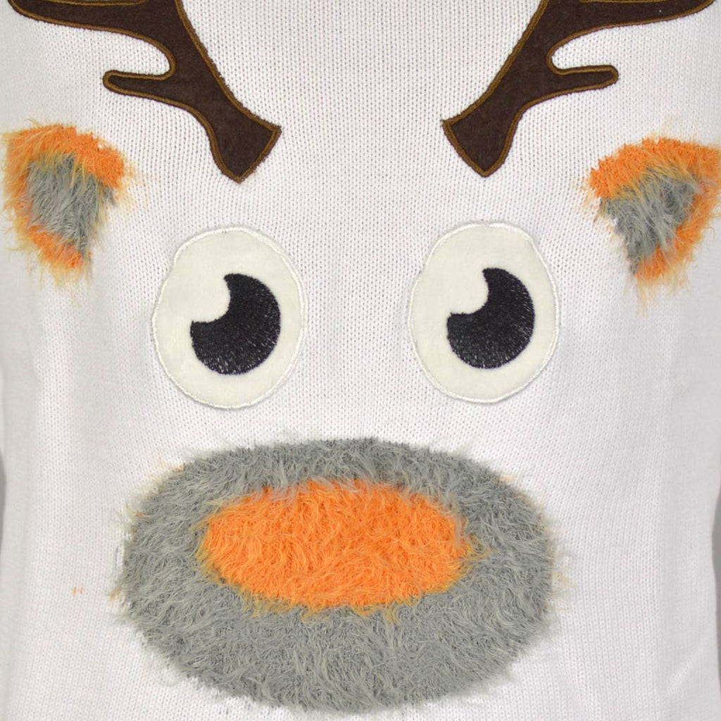 White 3D Boys and Girls Ugly Christmas Sweater with Hairy Reindeer detail 2