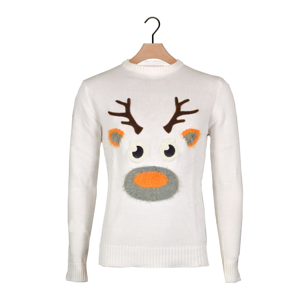 White 3D Boys and Girls Ugly Christmas Sweater with Hairy Reindeer