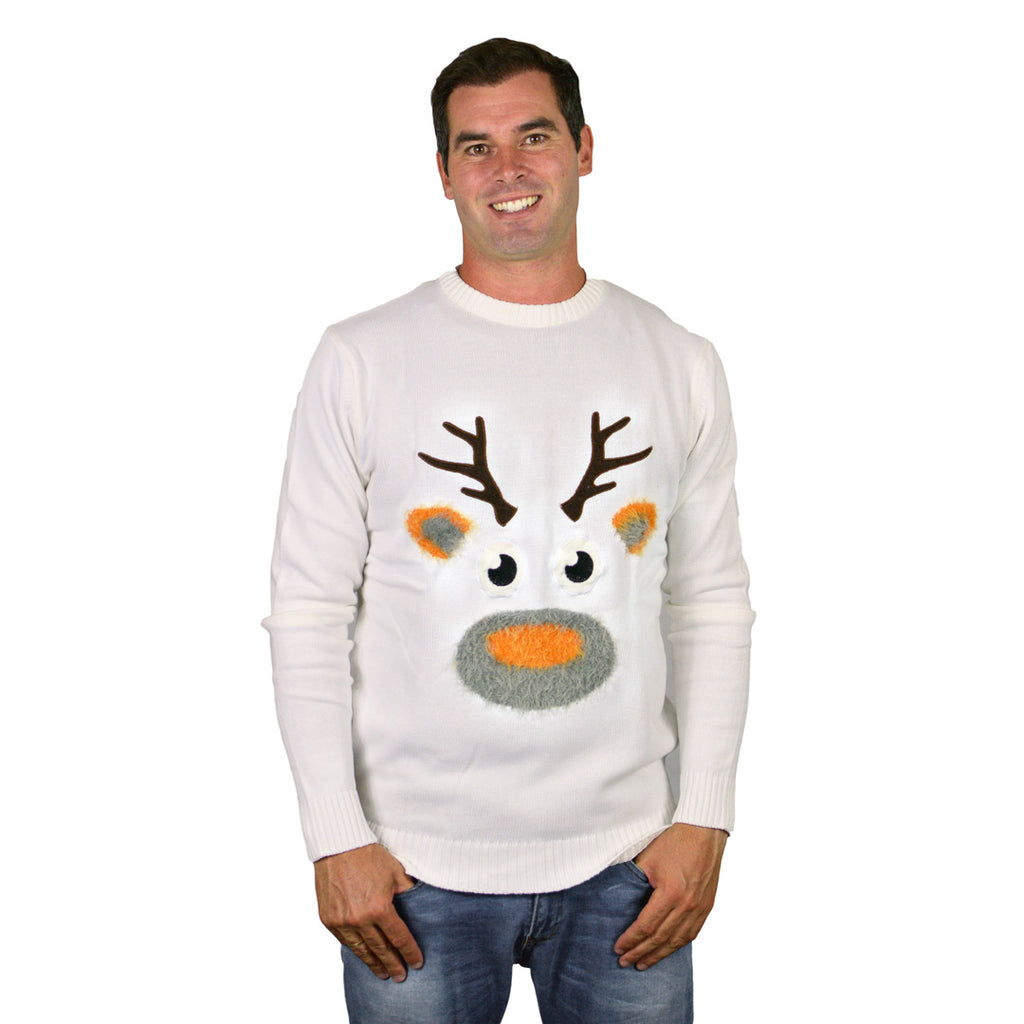 White 3D Family Ugly Christmas Sweater with Hairy Reindeer mens