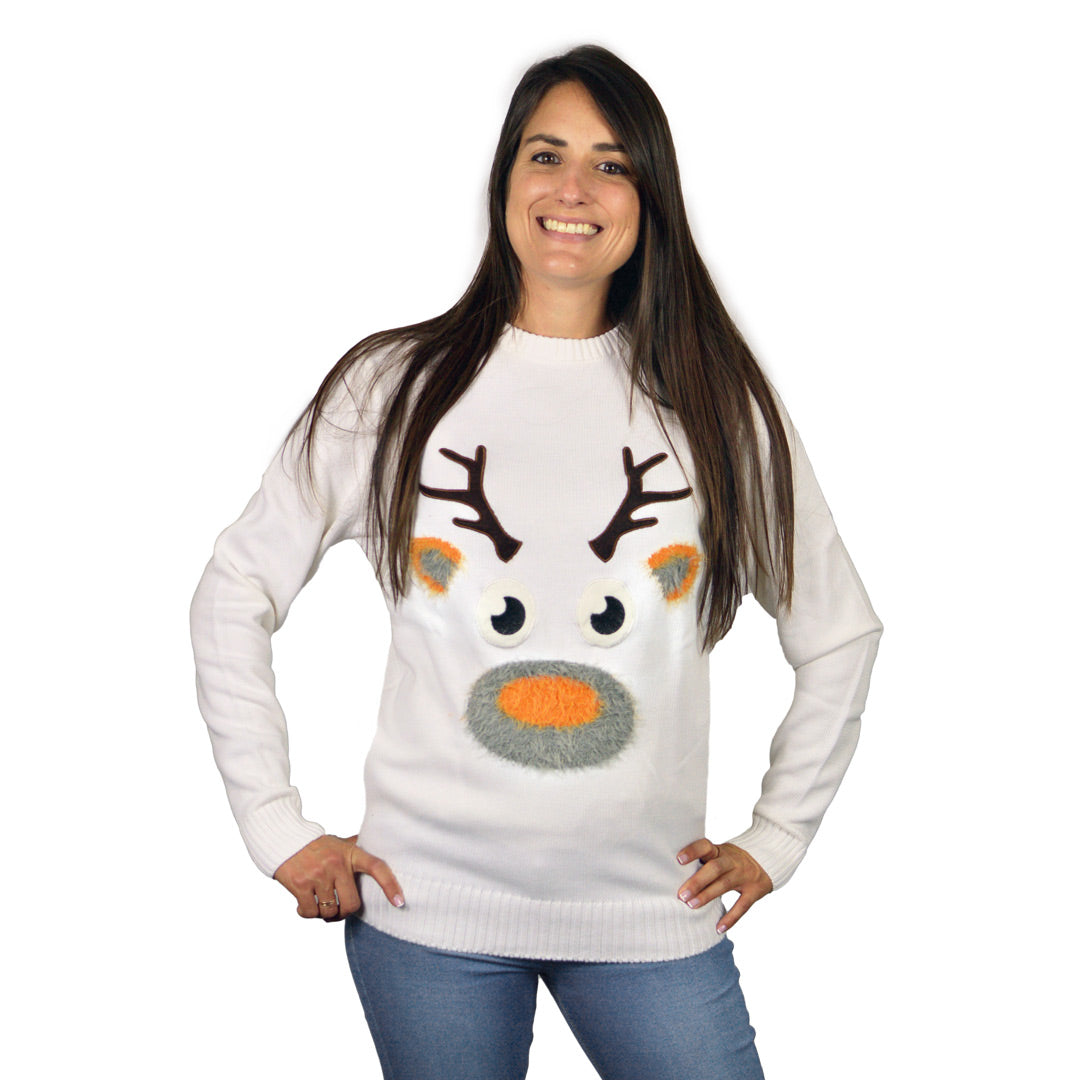 White 3D Family Ugly Christmas Sweater with Hairy Reindeer – Ugly