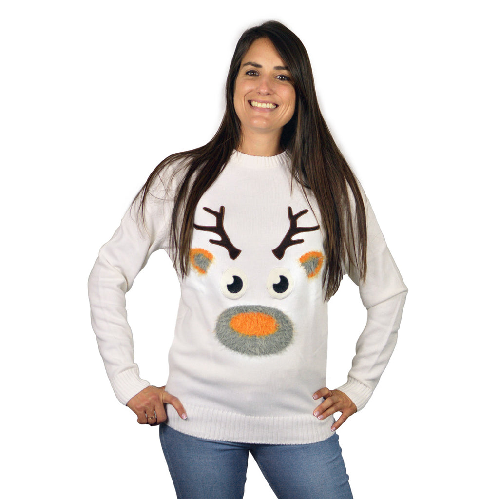 White 3D Family Ugly Christmas Sweater with Hairy Reindeer womens