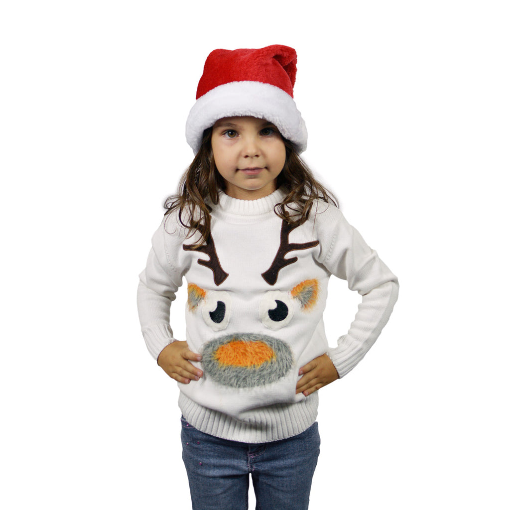 White 3D Girls Ugly Christmas Sweater with Hairy Reindeer