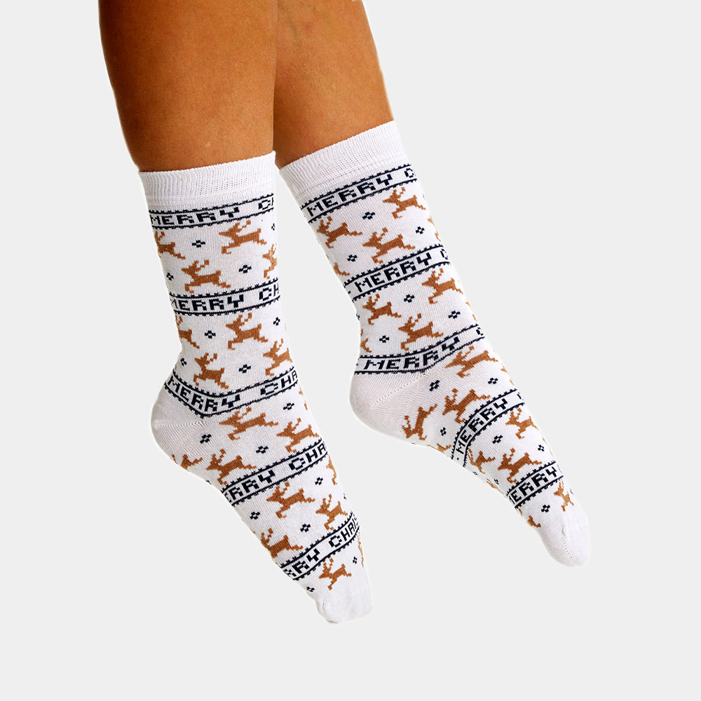 White Elegant Unisex Ugly Christmas Socks with Reindeers women and men