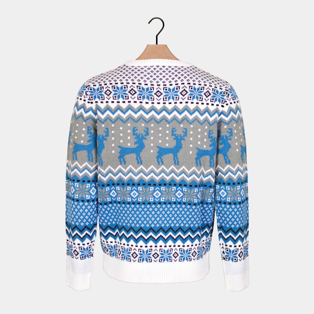 Classy White, Grey and Blue Ugly Christmas Sweater with Reindeers back