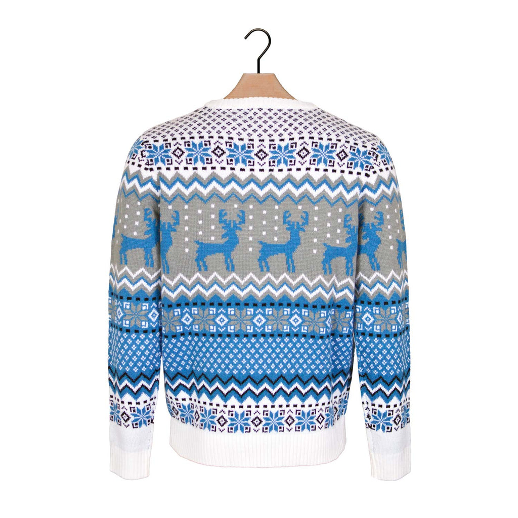 Classy White, Grey and Blue Ugly Christmas Sweater with Reindeers back