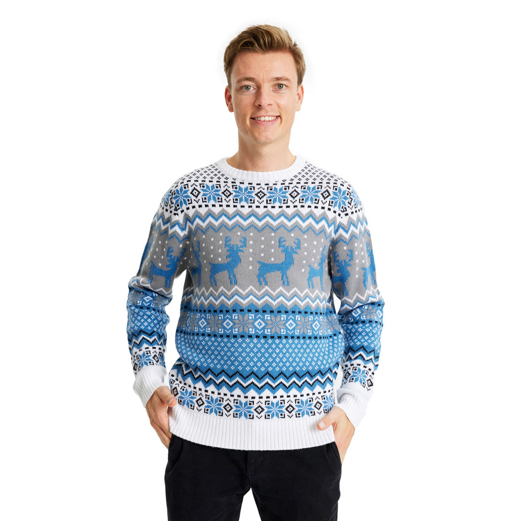 Mens Classy White, Grey and Blue Ugly Christmas Sweater with Reindeers