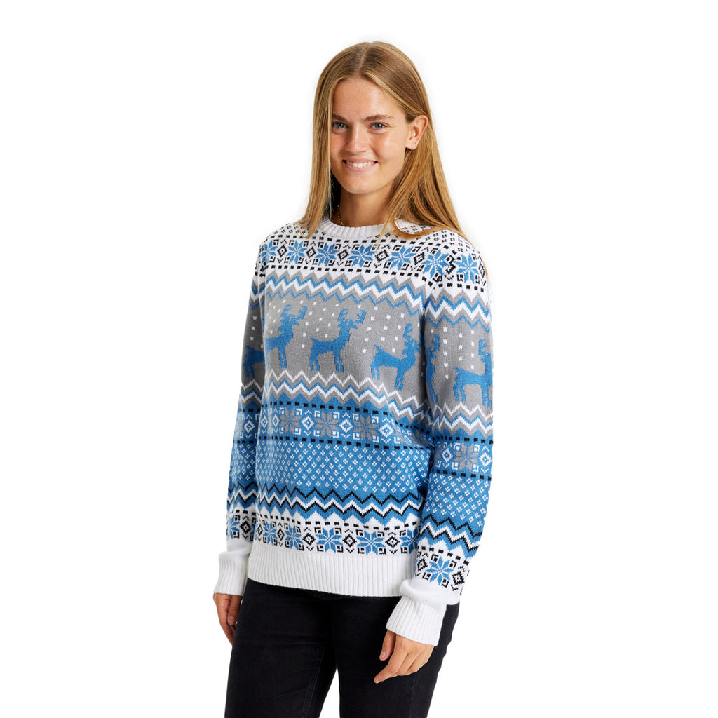 Classy White, Grey and Blue Ugly Christmas Sweater with Reindeers womens