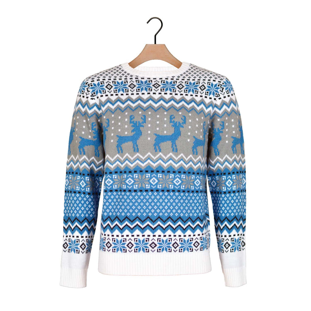 Classy White, Grey and Blue Ugly Christmas Sweater with Reindeers