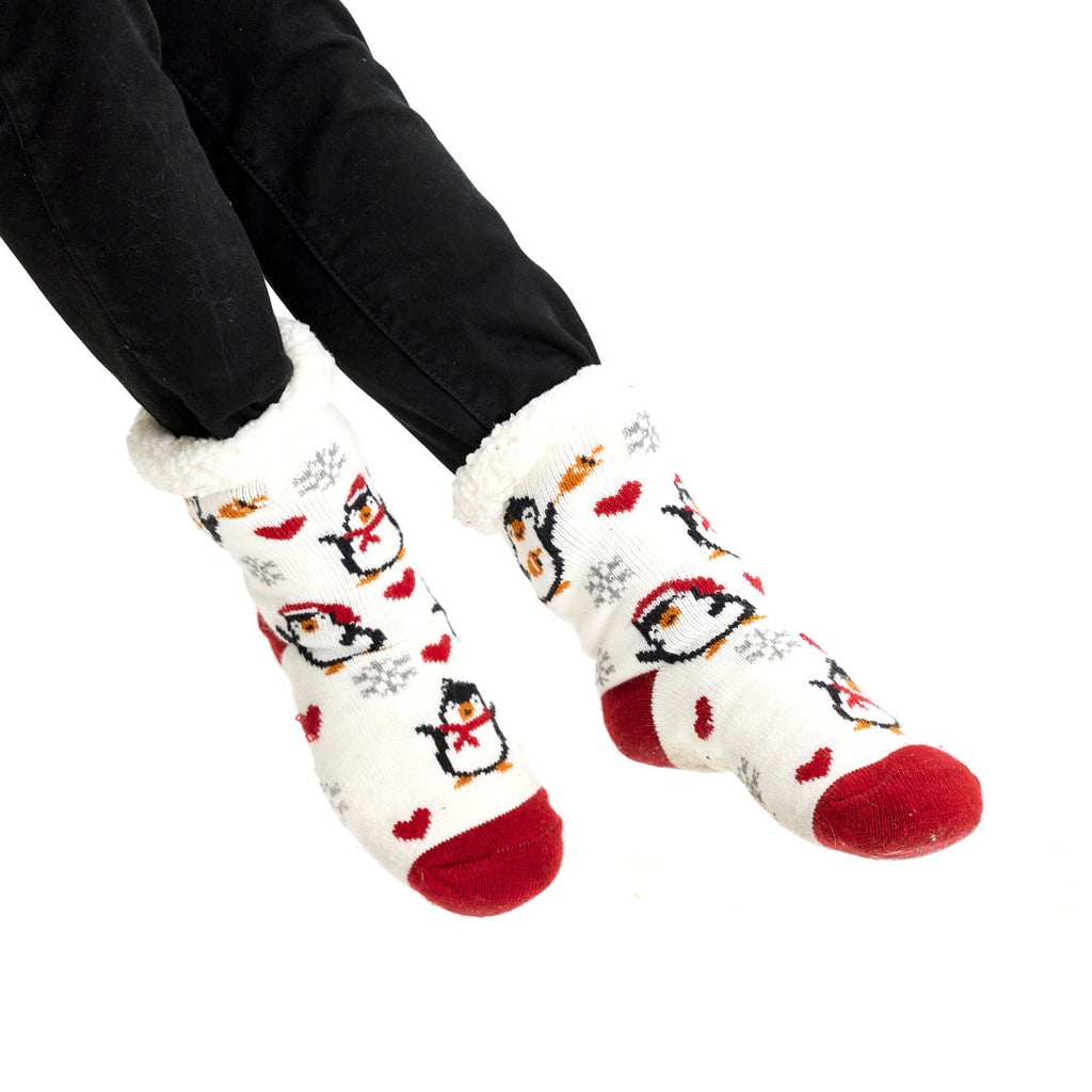 White Rubber Sole Ugly Christmas Socks with Penguins and Hearts women and men