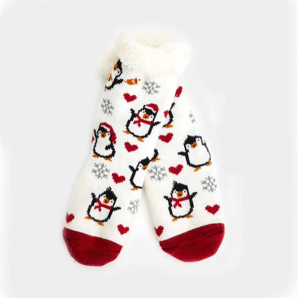 White Rubber Sole Ugly Christmas Socks with Penguins and Hearts