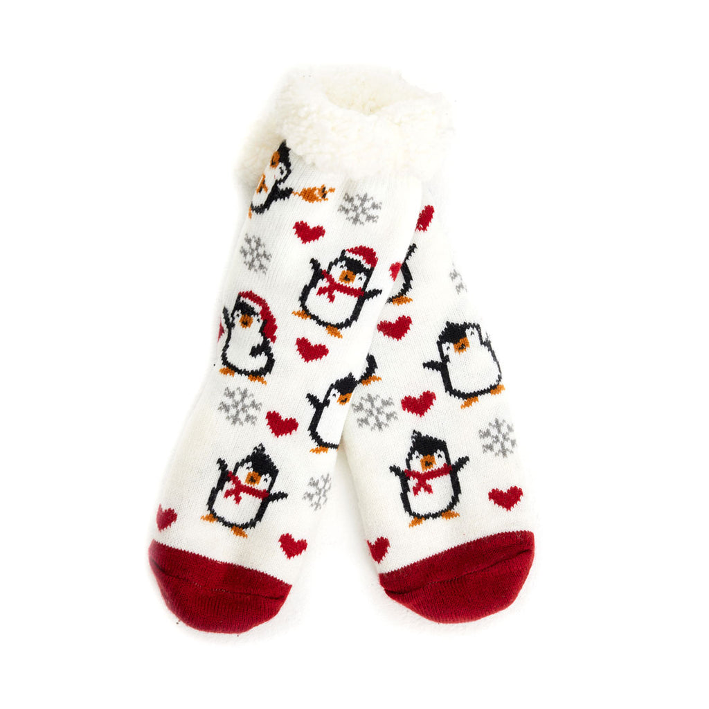 White Rubber Sole Ugly Christmas Socks with Penguins and Hearts